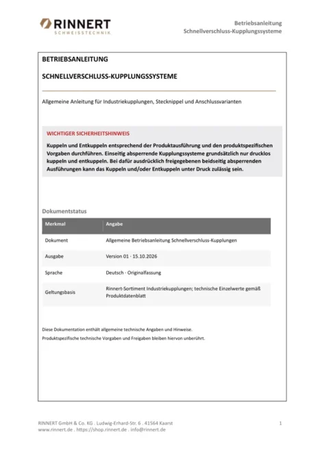 Vorschau: Betriebsanleitung Schnellverschluss-Kupplungssysteme